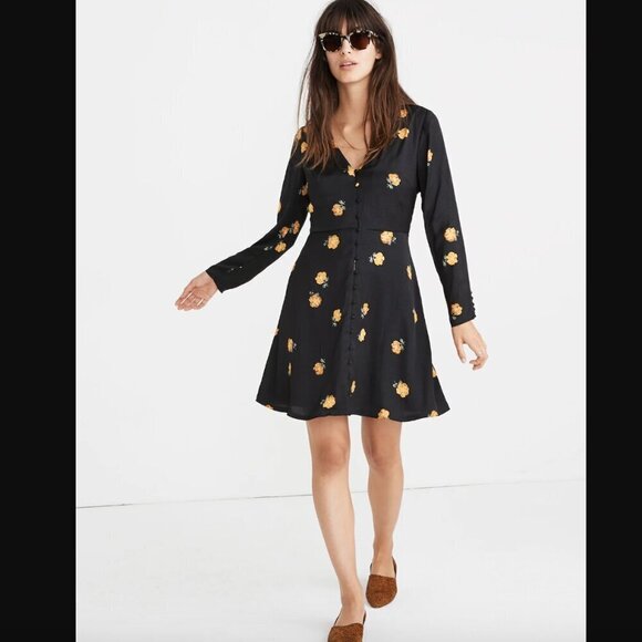 Madewell Black Floral Lilyblossom Button-Front Dress in Floating Florets 4 - Picture 1 of 9